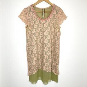Aratta Silent Journey Pink Lace Green Mesh Top Womens Medium Long Length Tunic